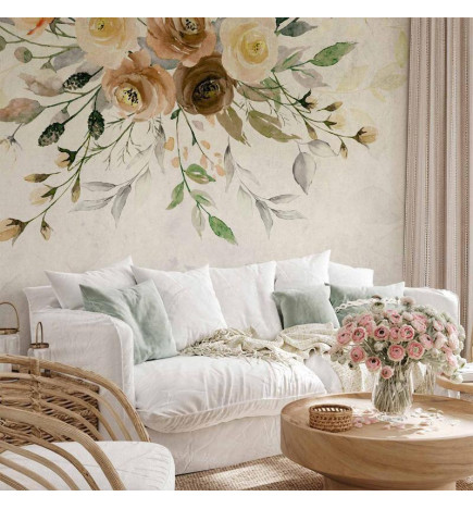 Mural de parede - Summer bloom - retro floral motif with flowers and leaves with patterns