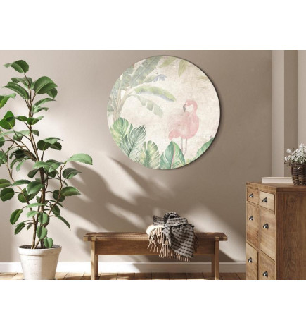 Apvalus paveikslas ant drobės - Birds wading among exotic flora - Flamingos amidst lush tropical vegetation in soft past