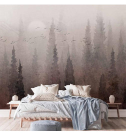 Carta da parati - Birds flight over treetops - landscape of a dark forest in fog