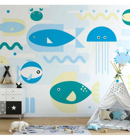 Wall Mural - Animals in the sea - geometric blue fish in water for kids