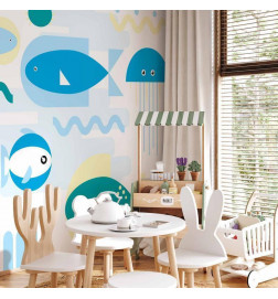 Fototapete - Animals in the sea - geometric blue fish in water for kids