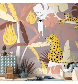Fototapet - Cheetahs in the jungle - landscape with exotic animals with palm trees for children