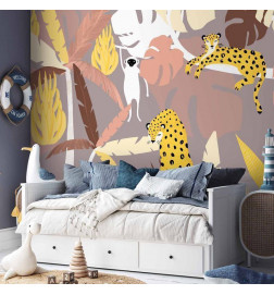 Mural de parede - Cheetahs in the jungle - landscape with exotic animals with palm trees for children