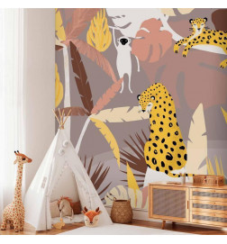 Fototapetti - Cheetahs in the jungle - landscape with exotic animals with palm trees for children