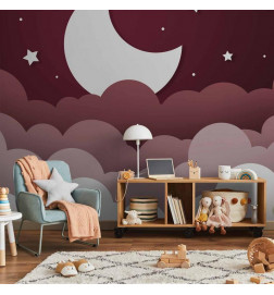 Fototapetas - Moon dream - clouds in a maroon sky with stars for children