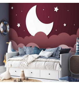 Fototapeta - Moon dream - clouds in a maroon sky with stars for children