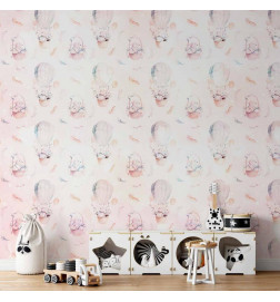 Fotobehang - Solid pattern with feathers - hares in a basket and in a balloon for children