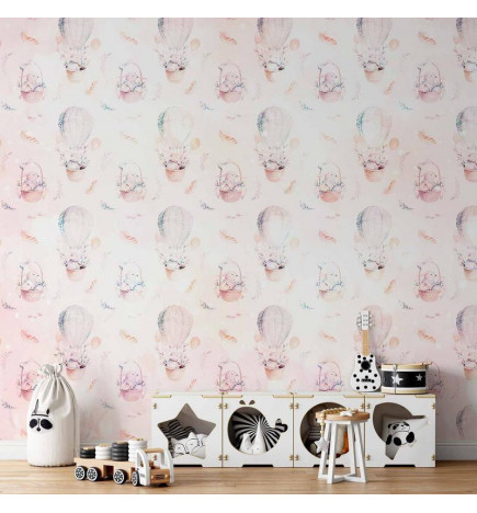 Fotobehang - Solid pattern with feathers - hares in a basket and in a balloon for children
