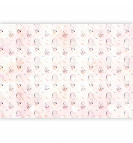 Fototapet - Solid pattern with feathers - hares in a basket and in a balloon for children