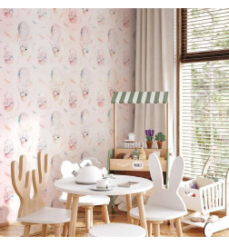 Fototapeet - Solid pattern with feathers - hares in a basket and in a balloon for children