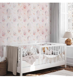 Wall Mural - Solid pattern with feathers - hares in a basket and in a balloon for children