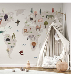 Wall Mural - Beige World - Continents With Animals in Muted Colours