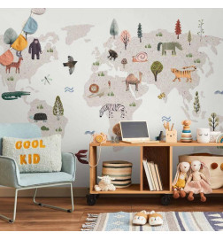 Fototapete - Beige World - Continents With Animals in Muted Colours