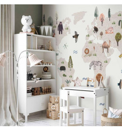 Wall Mural - Beige World - Continents With Animals in Muted Colours
