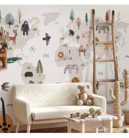 Wall Mural - Beige World - Continents With Animals in Muted Colours