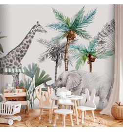 Fototapete - Jungle Animals Wallpaper for Childrens Room in Cartoon Style