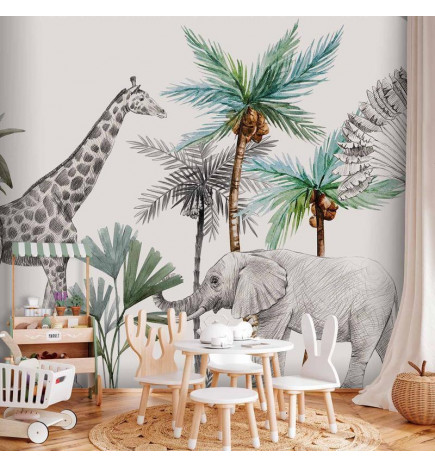 Wall Mural - Jungle Animals Wallpaper for Childrens Room in Cartoon Style