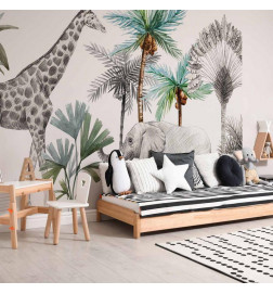 Foto tapete - Jungle Animals Wallpaper for Childrens Room in Cartoon Style