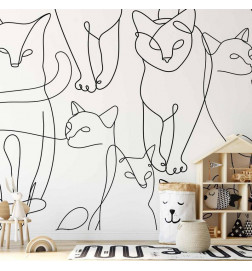 Fotomural - Cat lineart - minimalist sketches of black cats on white background