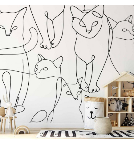 Wall Mural - Cat lineart - minimalist sketches of black cats on white background