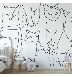 Fotobehang - Cat lineart - minimalist sketches of black cats on white background