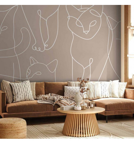 Fototapeta - Cat lineart - minimalist sketches of white cats on beige background