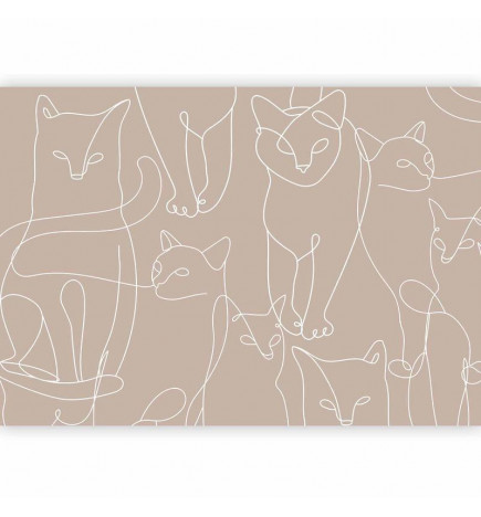 Fotomural - Cat lineart - minimalist sketches of white cats on beige background
