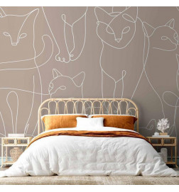 Fotobehang - Cat lineart - minimalist sketches of white cats on beige background