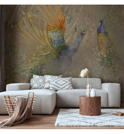 Fotomural - Peacocks in dance - bird motif among an abstract pattern with ornaments
