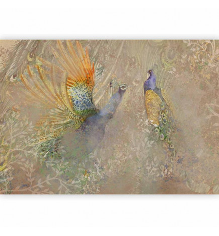 Fotomural - Peacocks in dance - bird motif among an abstract pattern with ornaments