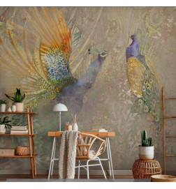 Fotobehang - Peacocks in dance - bird motif among an abstract pattern with ornaments