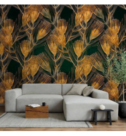 Fototapeta - Golden peacock feathers - solid background with bird pattern on green background