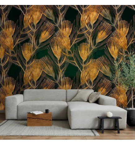 Fotobehang - Golden peacock feathers - solid background with bird pattern on green background