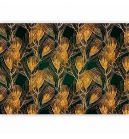 Fotobehang - Golden peacock feathers - solid background with bird pattern on green background