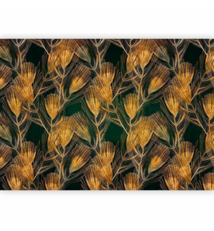 Fototapeta - Golden peacock feathers - solid background with bird pattern on green background