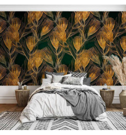 Fototapeta - Golden peacock feathers - solid background with bird pattern on green background
