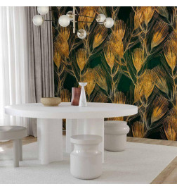 Wall Mural - Golden peacock feathers - solid background with bird pattern on green background