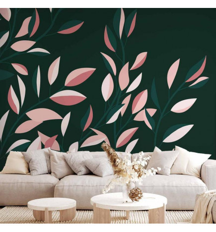 Carta da parati - Flowering vine - minimalist climbing leaves on a green background