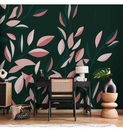 Mural de parede - Flowering vine - minimalist climbing leaves on a green background