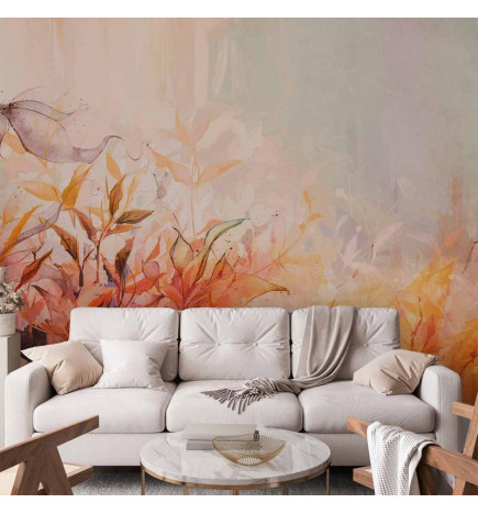 Fototapetti - Flaming meadow - nature landscape with meadow of flowers and leaves in watercolour style