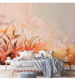 Papier peint - Flaming meadow - nature landscape with meadow of flowers and leaves in watercolour style