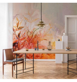 Wall Mural - Flaming meadow - nature landscape with meadow of flowers and leaves in watercolour style