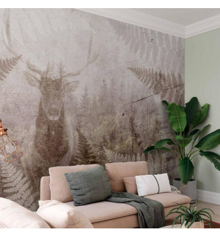 Fototapeet - Forest motif - deer with antlers among fern leaves on concrete pattern