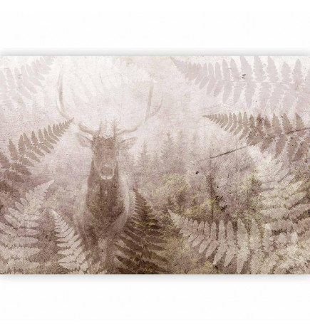 Carta da parati - Forest motif - deer with antlers among fern leaves on concrete pattern