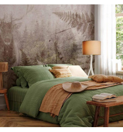 Carta da parati - Forest motif - deer with antlers among fern leaves on concrete pattern