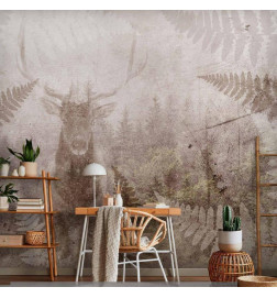 Fototapetti - Forest motif - deer with antlers among fern leaves on concrete pattern