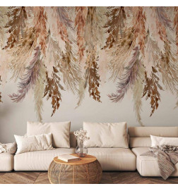 Foto tapete - Minimalist boho landscape - dangling leaves in beige colours