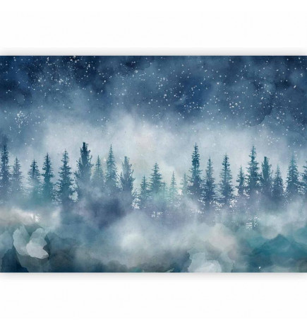 Wall Mural - Night landscape - landscape of a misty forest at night with a starry sky