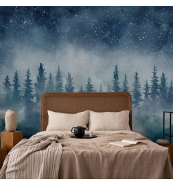 Fototapeet - Night landscape - landscape of a misty forest at night with a starry sky