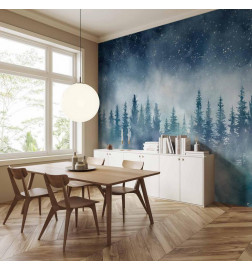 Mural de parede - Night landscape - landscape of a misty forest at night with a starry sky